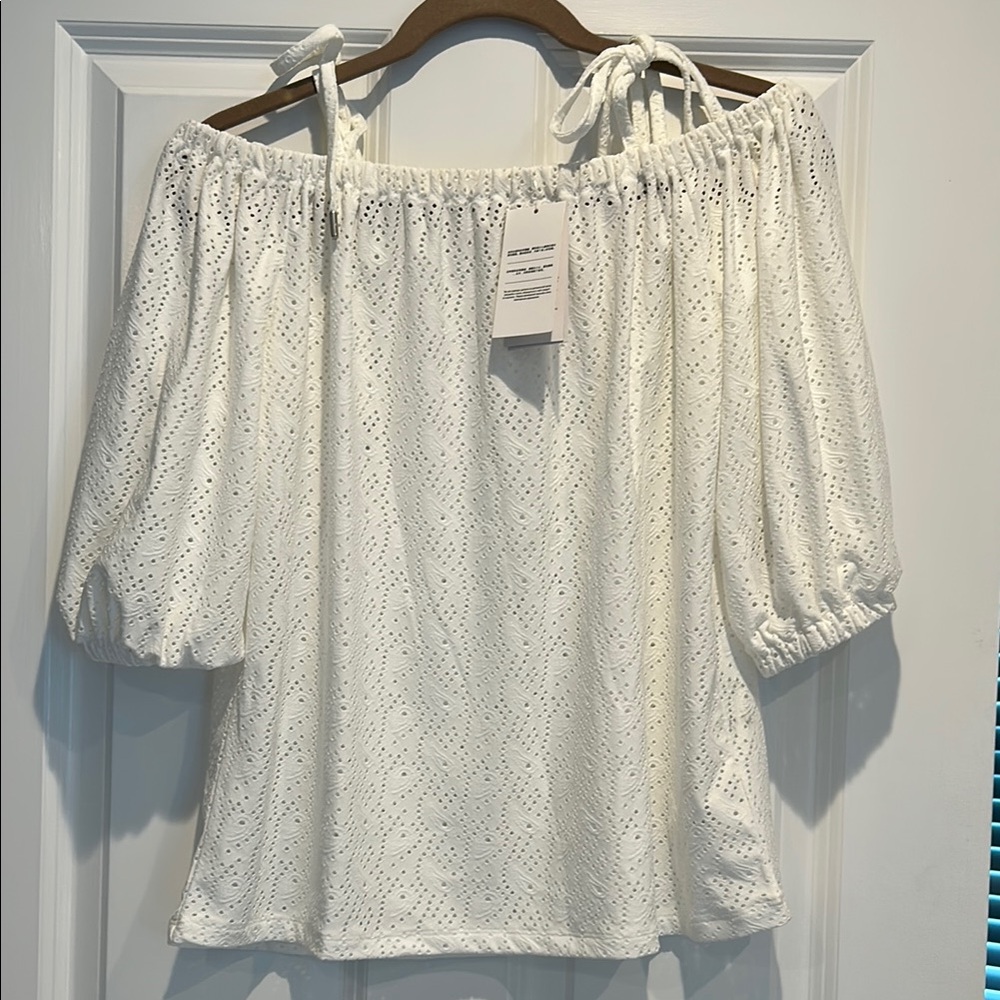 Michael Kors Cream Smocked Tie Front Blouse